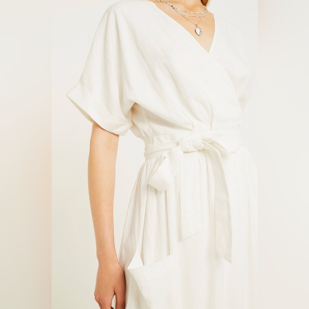 Urban Outfitters Gabrielle Linen Wrap Midi Dress Ivory